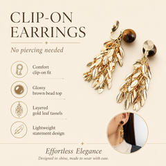 Gold Leaf Tassel Clip-On Earrings | Statement Non-Pierced Dangle Earrings for Women