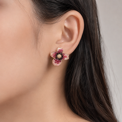 Pink Flower Clip-On Earrings | Handmade Beaded Non-Pierced Earrings for Women