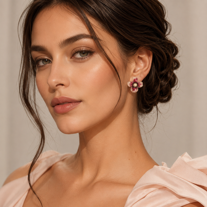 Pink Flower Clip-On Earrings | Handmade Beaded Non-Pierced Earrings for Women