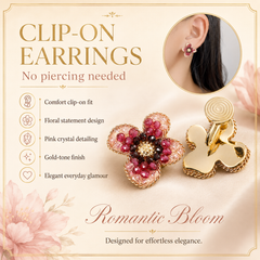 Pink Flower Clip-On Earrings | Handmade Beaded Non-Pierced Earrings for Women
