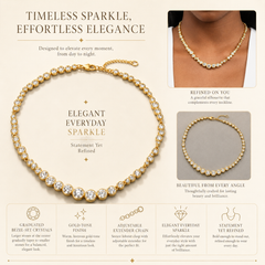 Gold Rhinestone Tennis Necklace | Crystal Statement Necklace for Women