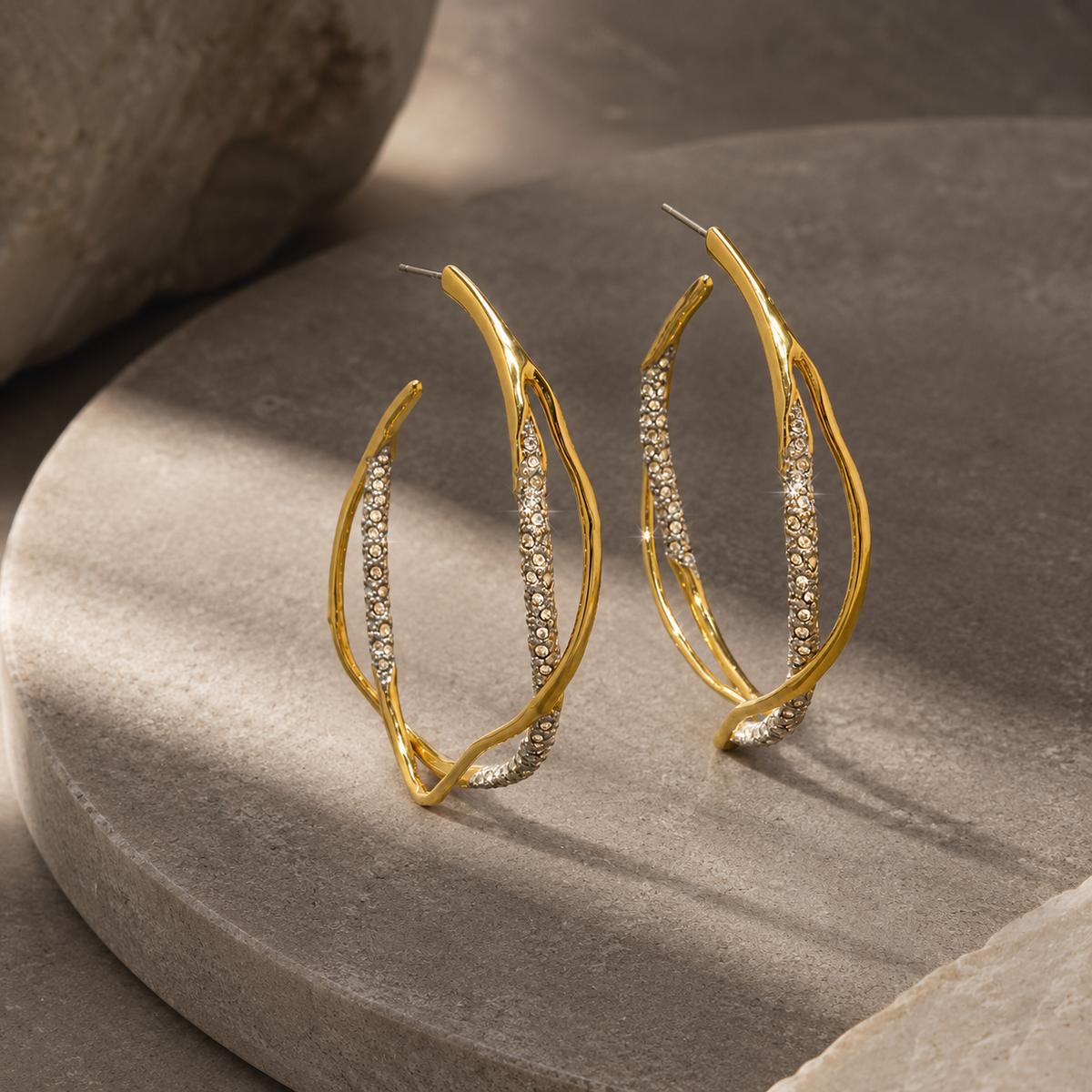 Gold Rhinestone Hoop Earrings | Twisted Crystal Statement Hoops