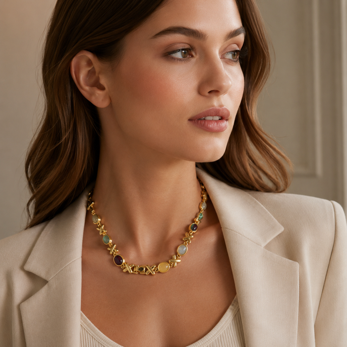 Vintage Gold Colorful Gemstone Necklace | Statement Necklace for Women