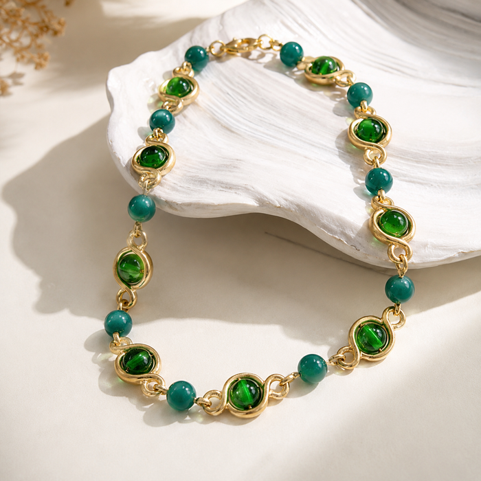 Emerald Green Gold Gemstone Bracelet | Vintage Adjustable Bracelet for Women
