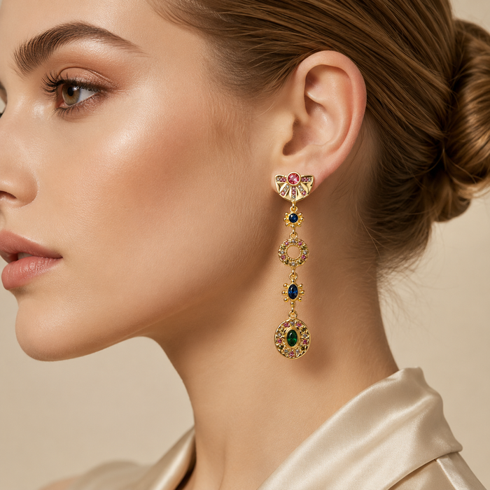 Colorful Rhinestone Statement Earrings | Vintage Gold Long Dangle Earrings