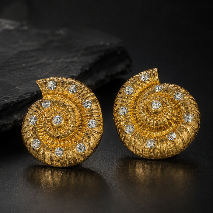 Gold Shell Rhinestone Earrings | Vintage Ocean Statement Stud Earrings