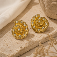 Gold Shell Rhinestone Earrings | Vintage Ocean Statement Stud Earrings