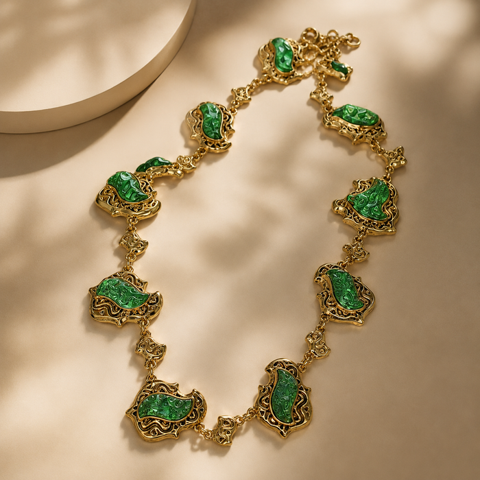 Emerald Green Gold Statement Necklace | Vintage Gemstone Necklace for Women