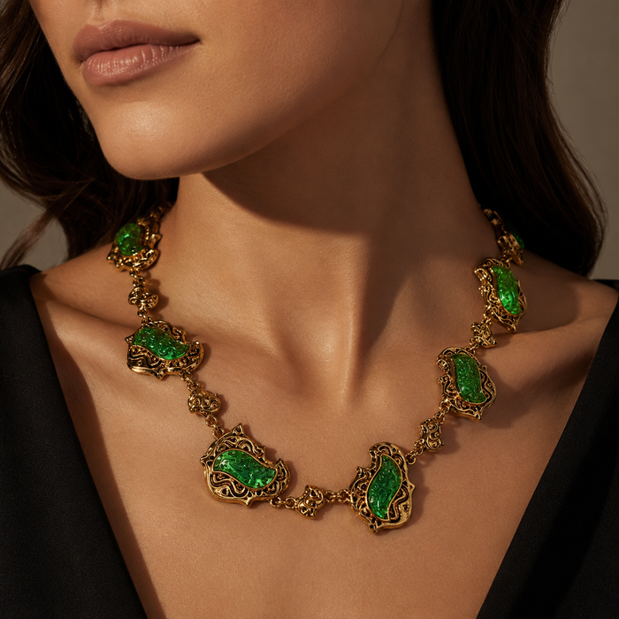 Emerald Green Gold Statement Necklace | Vintage Gemstone Necklace for Women