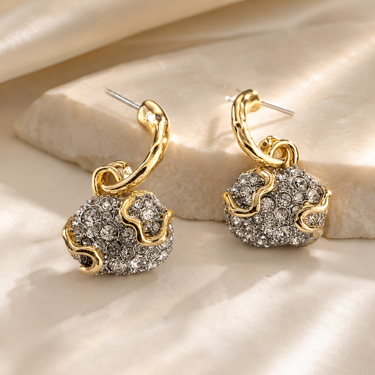 Two Tone Rhinestone Statement Earrings | Gold Silver Crystal Earrings