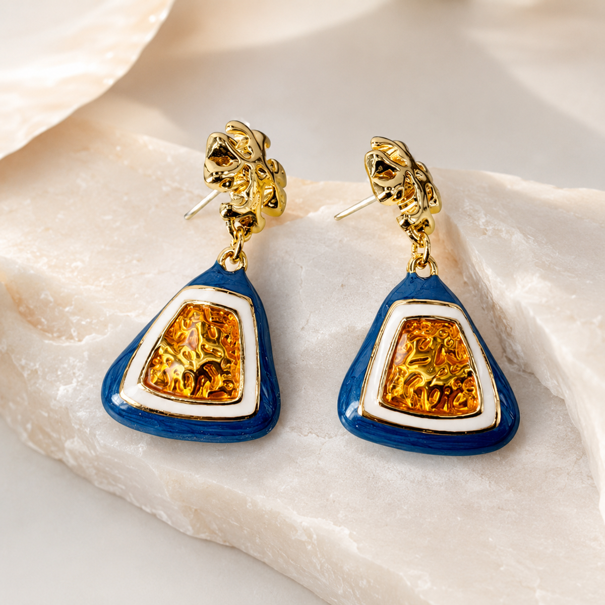Blue Geometric Drop Earrings | Gold Statement Triangle Earrings for Women