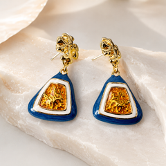 Blue Geometric Drop Earrings | Gold Statement Triangle Earrings for Women