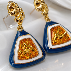Blue Geometric Drop Earrings | Gold Statement Triangle Earrings for Women