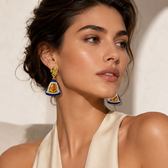 Blue Geometric Drop Earrings | Gold Statement Triangle Earrings for Women