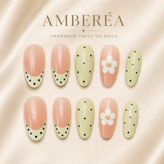 Peach Green Floral Press On Nails | Handmade Flower Fake Nails