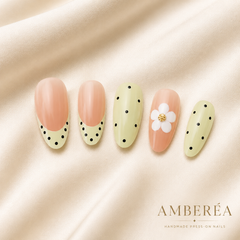Peach Green Floral Press On Nails | Handmade Flower Fake Nails