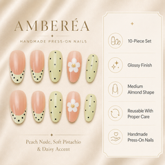 Peach Green Floral Press On Nails | Handmade Flower Fake Nails