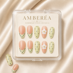 Peach Green Floral Press On Nails | Handmade Flower Fake Nails
