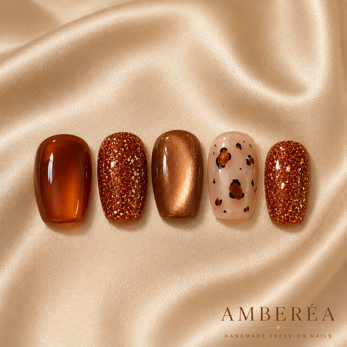 Amber Brown Glitter Press On Nails | Handmade Leopard Print Fake Nails