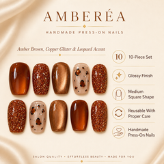 Amber Brown Glitter Press On Nails | Handmade Leopard Print Fake Nails