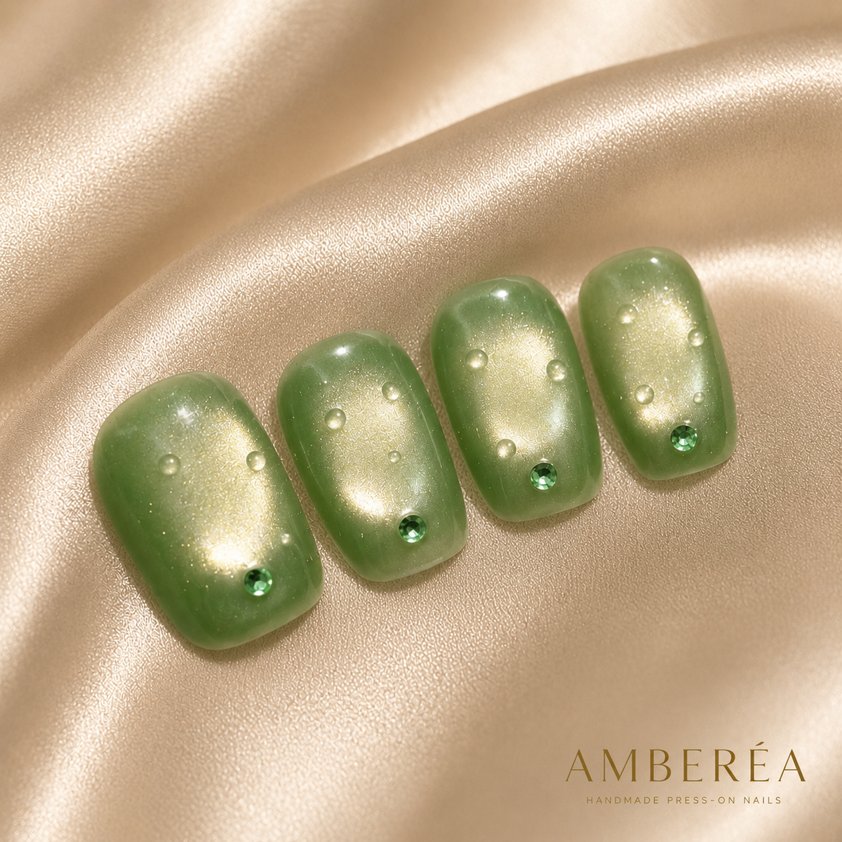 Olive Green Cat Eye Press On Nails | Handmade Rhinestone Fake Nails