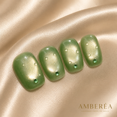 Olive Green Cat Eye Press On Nails | Handmade Rhinestone Fake Nails