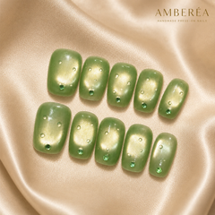 Olive Green Cat Eye Press On Nails | Handmade Rhinestone Fake Nails