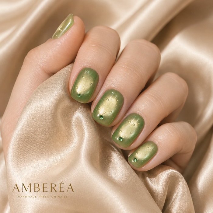 Olive Green Cat Eye Press On Nails | Handmade Rhinestone Fake Nails
