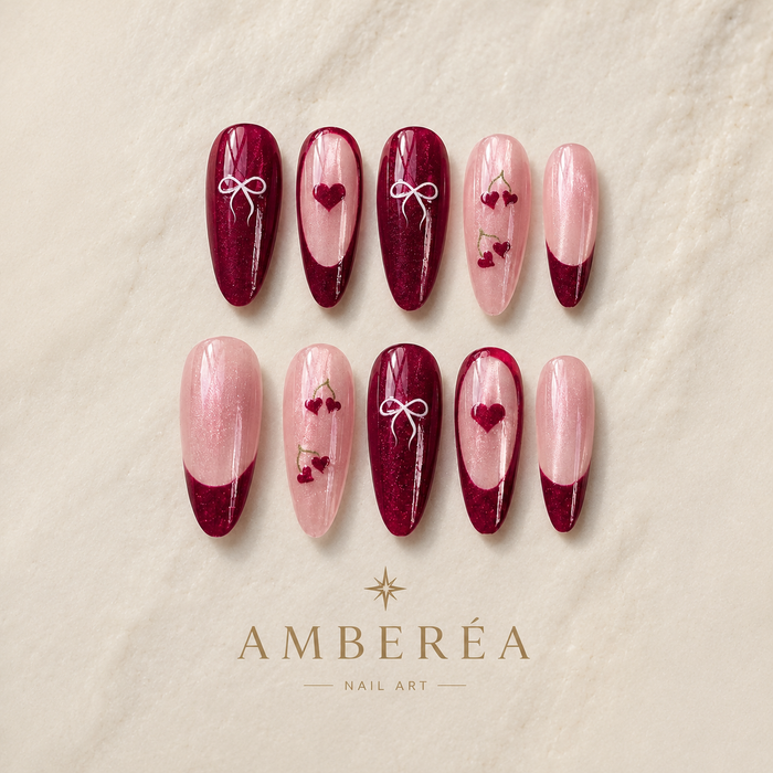 Burgundy Cherry Bow Press-On Nails