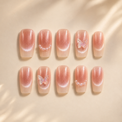 Peach Pearl Butterfly Cat Eye Press-On Nails