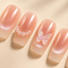 Peach Pearl Butterfly Cat Eye Press-On Nails