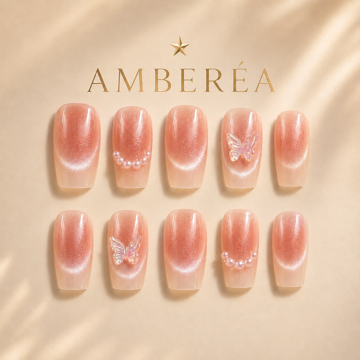 Peach Pearl Butterfly Cat Eye Press-On Nails