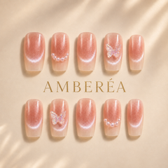 Peach Pearl Butterfly Cat Eye Press-On Nails