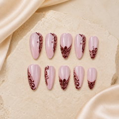 Burgundy Lace Pink Press-On Nails