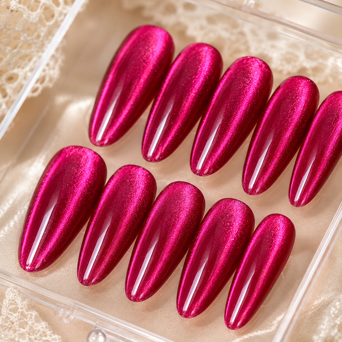 Metallic Fuchsia Cat Eye Press On Nails | Handmade Reusable Long Stiletto Nails by AMBERÉA