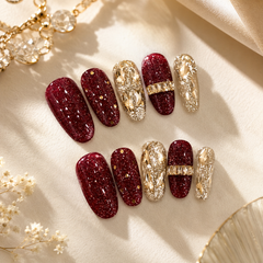 Burgundy Gold Rhinestone Press On Nails | Handmade Luxury Crystal Nails by AMBERÉA