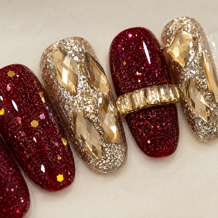 Burgundy Gold Rhinestone Press On Nails | Handmade Luxury Crystal Nails by AMBERÉA