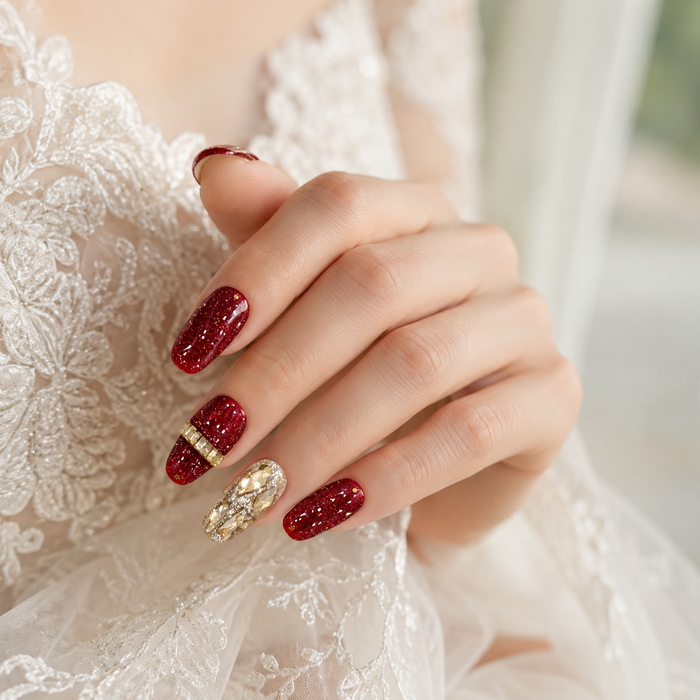 Burgundy Gold Rhinestone Press On Nails | Handmade Luxury Crystal Nails by AMBERÉA