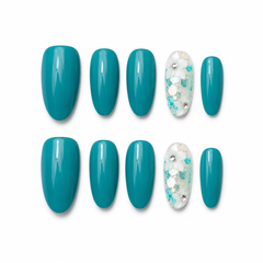 Teal Blue Floral Press On Nails | Handmade Reusable Flower Accent Nails by AMBERÉA