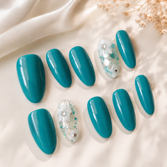 Teal Blue Floral Press On Nails | Handmade Reusable Flower Accent Nails by AMBERÉA