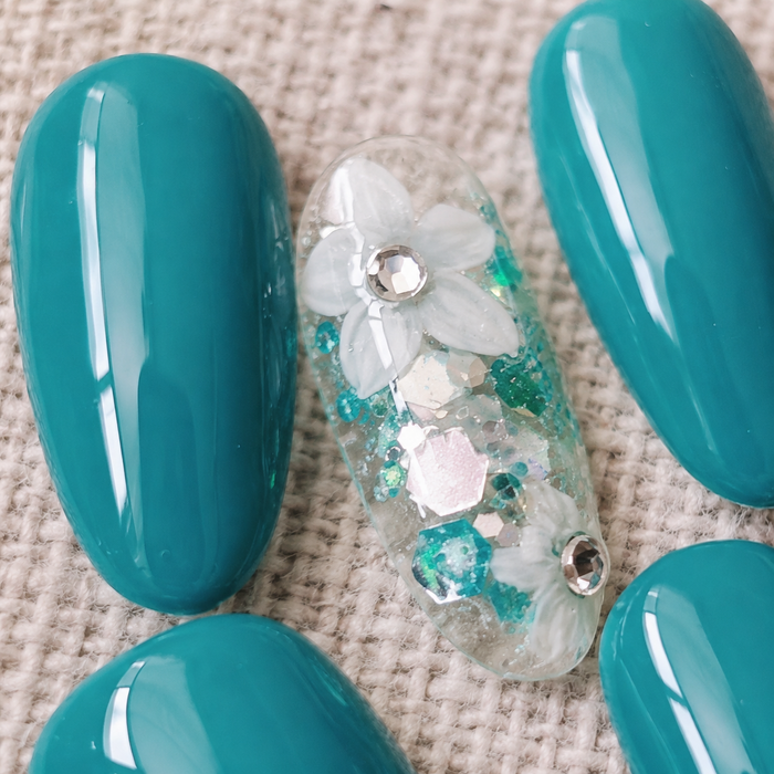 Teal Blue Floral Press On Nails | Handmade Reusable Flower Accent Nails by AMBERÉA