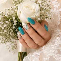 Teal Blue Floral Press On Nails | Handmade Reusable Flower Accent Nails by AMBERÉA