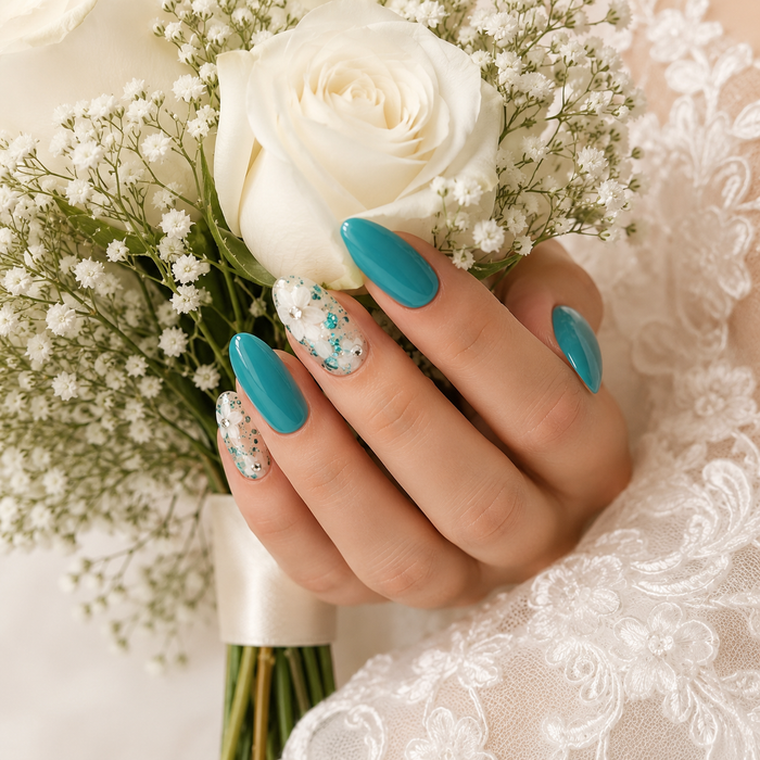 Teal Blue Floral Press On Nails | Handmade Reusable Flower Accent Nails by AMBERÉA