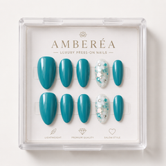 Teal Blue Floral Press On Nails | Handmade Reusable Flower Accent Nails by AMBERÉA
