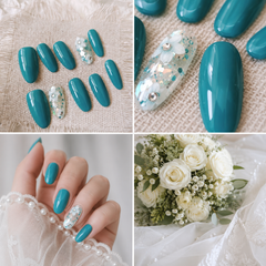 Teal Blue Floral Press On Nails | Handmade Reusable Flower Accent Nails by AMBERÉA