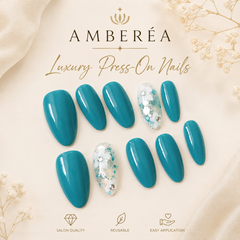 Teal Blue Floral Press On Nails | Handmade Reusable Flower Accent Nails by AMBERÉA