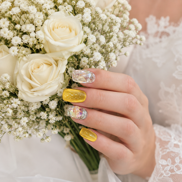 Gold Glitter Rhinestone Press On Nails | Handmade Luxury Crystal Nails by AMBERÉA