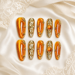 Orange Gold Cat Eye Press On Nails | Handmade Luxury Metallic Almond Nails by AMBERÉA