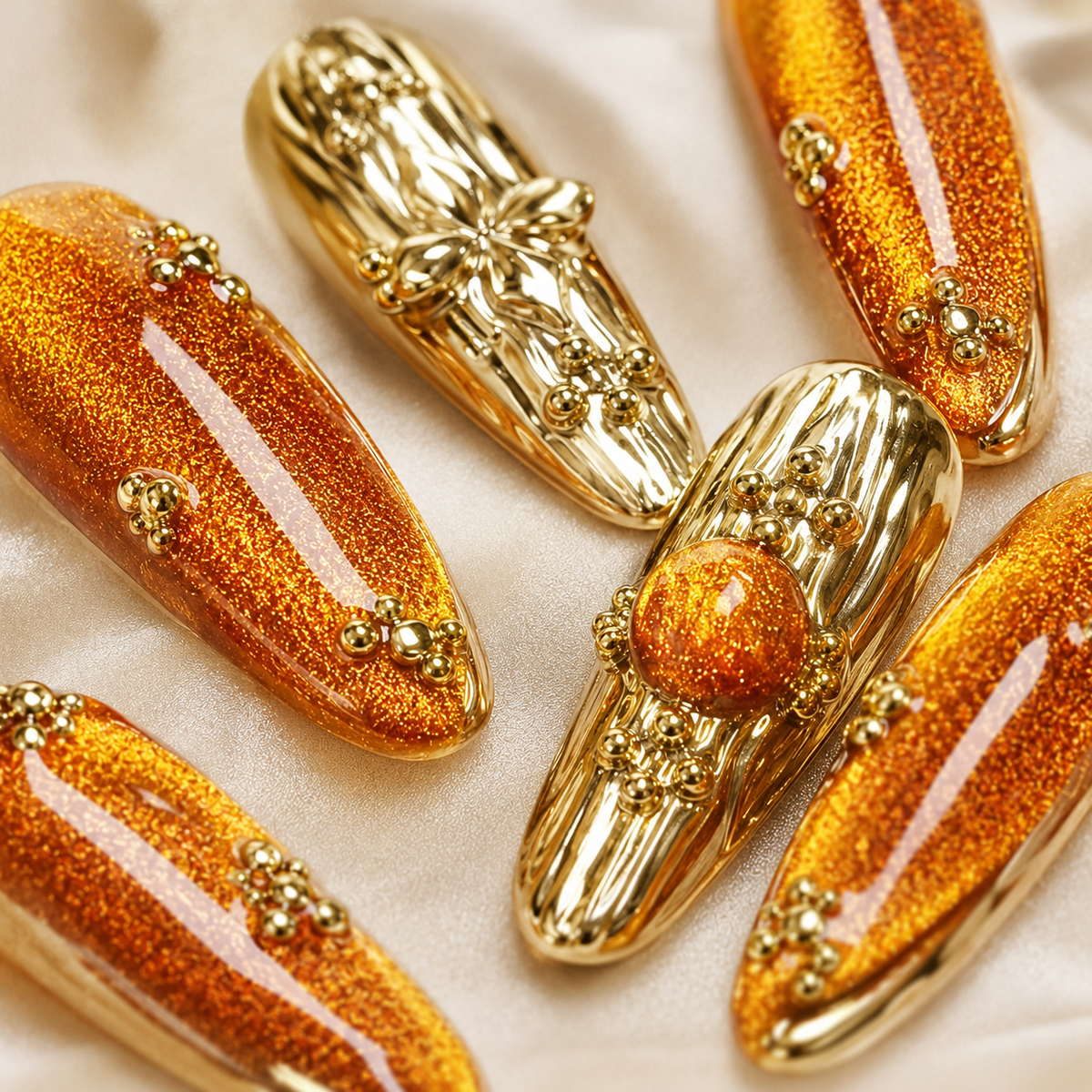 Orange Gold Cat Eye Press On Nails | Handmade Luxury Metallic Almond Nails by AMBERÉA