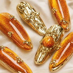 Orange Gold Cat Eye Press On Nails | Handmade Luxury Metallic Almond Nails by AMBERÉA